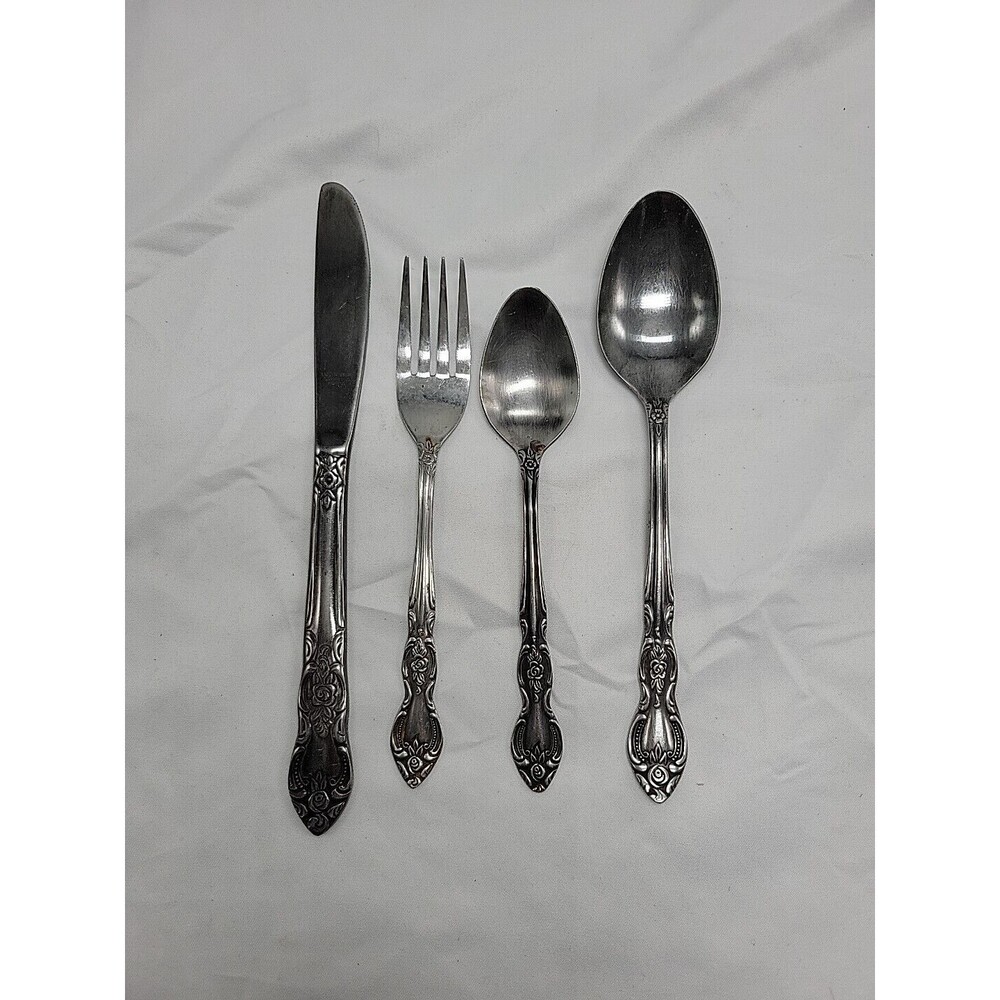 Vintage Lusterware Stainless Ornate Rose Butter Knife, Fork, 2 Spoons, Korea